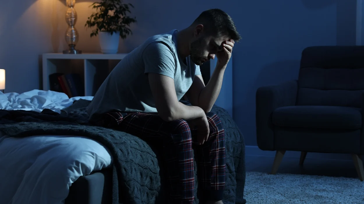 frustrated man sitting on bed at night