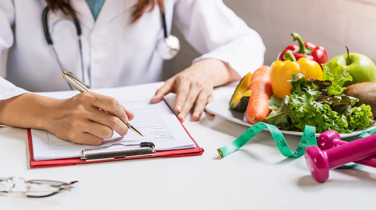 nutritionist giving consultation to patient with healthy fruit and vegetable